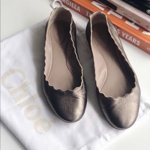 Chloé Lauren Scalloped Metallic Gold Flats